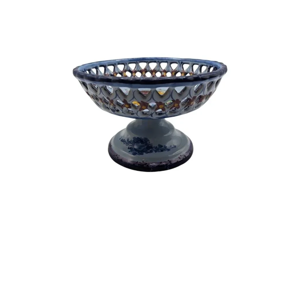 Handpainted Portugal Pottery Open Candy/Footed Compote/Footed Bowl READ